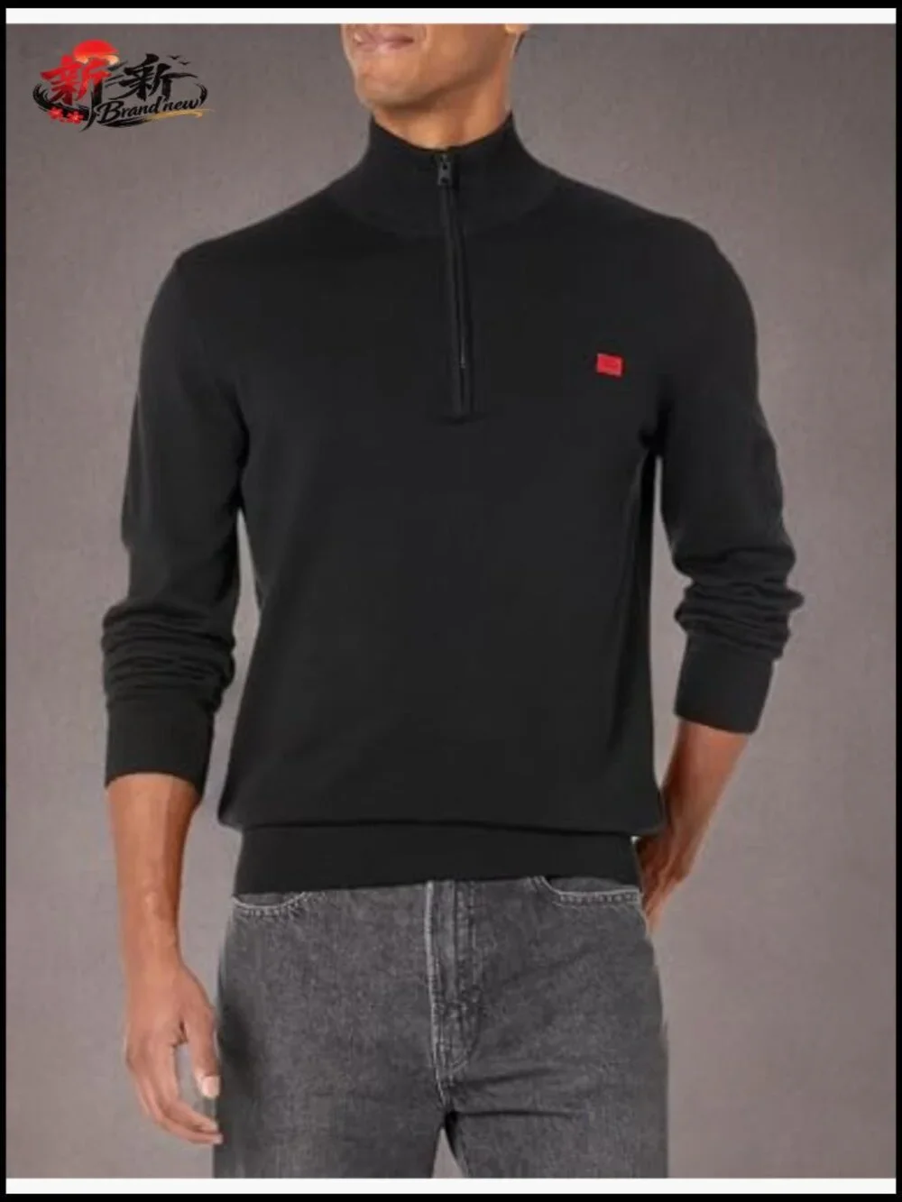 Men's Quarter Zip Square Logo Cotton Pullover Sweater